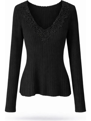 5in1Canpolat Siyah Dantelli V Yaka Merserize Triko 261034