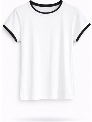 5in1Canpolat Ekru Kontrast Şeritli Basic Tişört 11046