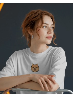 Muhtar Store Pomeranian Köpek Baskılı Unisex Oversize Tişört – Minimal Sevimli Pomeranian Tasarım