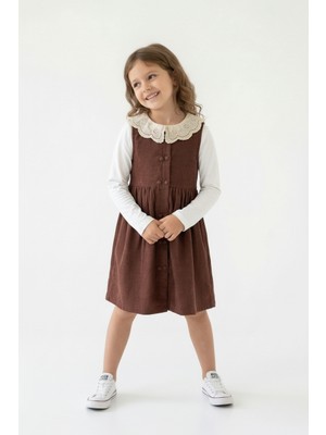 Dolcetots Kız Çocuk Dantel Yakalı Fitilli Kadife Jile ve Uzun Kollu Sweat Takım