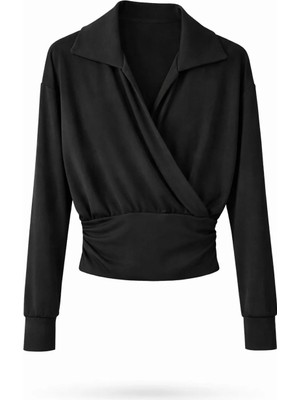 5in1Canpolat Siyah Polo Yaka Kruvaze Bluz 17483