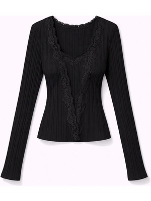 5in1Canpolat Siyah Önü Bağlamalı Dantelli Bluz 17489