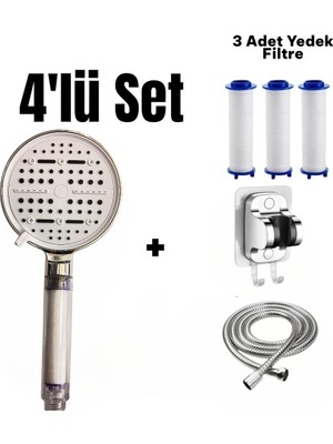 Deyhome 4'lü Set 6 Fonksiyonlu Filtreli Masajlı  Duş Başlığı +3 Adet Yedek Filtre+ 150 cm Duş Hortumu + Yapışkanlı Askı Aparatı