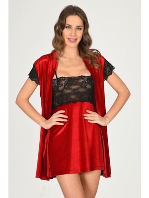 Byb Moda Tasarım Giyim Kırmızı Kadife Sabahlık & Gecelik Takım 2' Li - 1428 Beruflic
