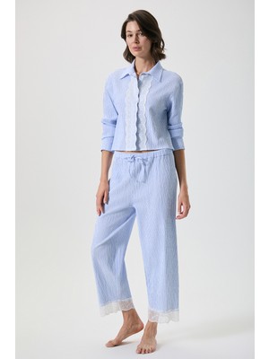 Penye Mood Dantel Detaylı Çizgili Pijama Takımı