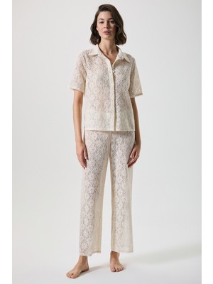 Penye Mood %100 Pamuk Dantelli Önden Düğmeli Pijama Takımı