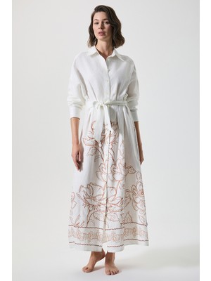 Penye Mood %100 Keten Belinde Pile Detaylı Uzun Gömlek Elbise