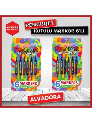 Wolawood Kutulu 6’lı Marker Kalem Seti Çift Uçlu Keçeli Kalın & Ince Uç Renkli Takım Çizim Boyama Kalemleri
