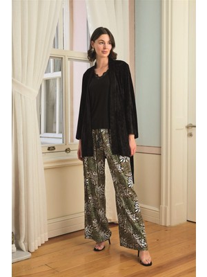 Byb Moda Tasarım Giyim Çiçek Yaprak ve Etnik Desenli Dantelli 3'lü Pijama Takımı Beruflic