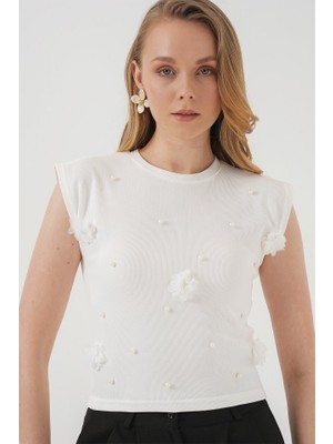 929 Kısa Kol Örme Bluz - Beyaz