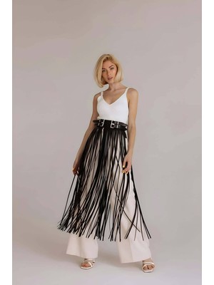 Byb Moda Tasarım Giyim Püsküllü Deri Etek, Bel Üzeri Şık Püsküllü Deri Etek - BRF1090 Beruflic