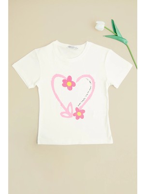 FullaModa Kalp ve Çiçek Baskılı Kız Çocuk Tişört