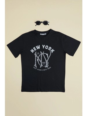 FullaModa New York Yazı Baskılı Erkek Çocuk Tişört