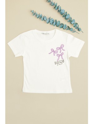 FullaModa Fiyonk Nakışlı Bisiklet Yaka Kız Çocuk Tişört