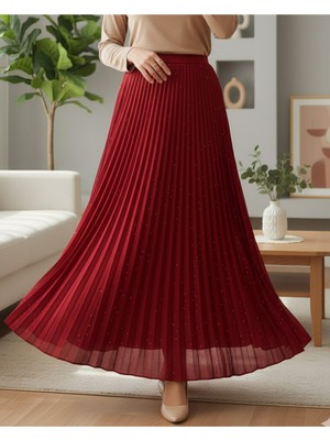 Modamorfo Taşlı Pliseli  Etek  -Kırmızı