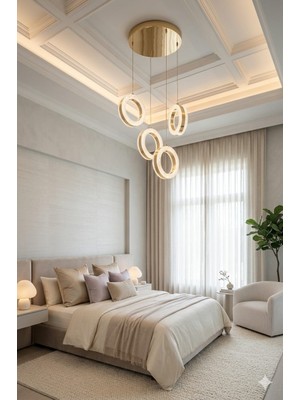 Aura Lighting Aura Lıghtıng Gold 4'lü Halka Sarkıt 3 Renk LED Modern Salon/antre/oda Avizesi (Beyaz Sarı Günışığı)