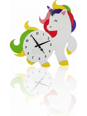 Porsuk Modern Unicorn Temalı Çocuk Odası Duvar Saati Kişiye Özel Ahşap Tasarım Sessiz 50X50