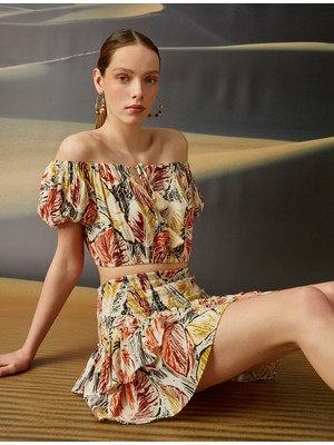 Koton Crop Bluz Desenli Omuz Açık