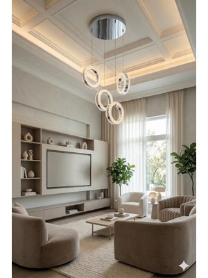 Aura Lighting Aura Lıghtıng Krom 4'lü Halka Sarkıt 3 Renk LED Modern Salon/antre/oda Avizesi (Beyaz Sarı Günışığı)