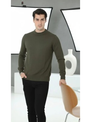 Hobilinka Erkek Bisiklet Yaka Triko Kazak Yumuşak Dokulu Pamuklu Ince Dokuma Uzun Kollu - Haki