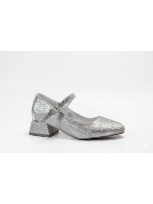 Onlo Ayakkabı BR.818 Simli Burnu Kapalı Kız Çocuk Topuklu Abiye Ayakkabı