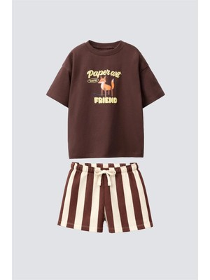 Magu Unisex Çocuk Pamuklu Kahverengi Tilki Baskılı T-Shirt Şort Takım