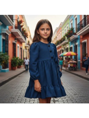 Kız Çocuk Elbise Kışlık Çizgili Fiyonklu Yaka Detaylı Uzun Kollu Fırfırlı Kışlık Elbise