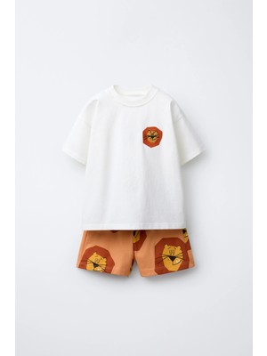 Magu Unisex Çocuk Pamuklu Beyaz Aslan Temalı T-Shirt Şort Takım - Desenli Yazlık 2'li Set