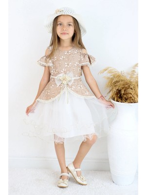 FESSHERA 🎀 Kız Çocuk Özel Gün Elbisesi Şapka ve Kemer Takımı - Çiçek Desenli, Tüllü ve Şapkalı Tasarım 🎀