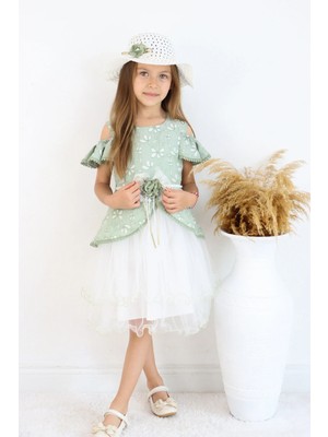 FESSHERA 🎀 Kız Çocuk Özel Gün Elbisesi Şapka ve Kemer Takımı - Çiçek Desenli, Tüllü ve Şapkalı Tasarım 🎀