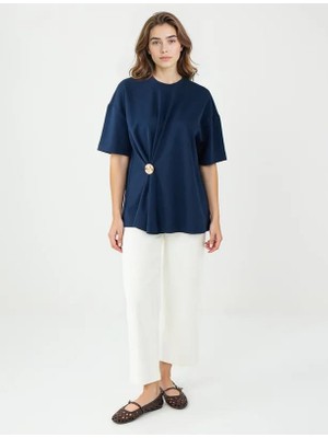 Jimmy Key Lacivert Rahat Kesim Bisiklet Yaka Büzgülü Örme Tshirt