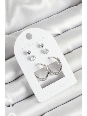 Senson Pirinç Zirkon Taş ve Halka Figürlü Gümüş Renk 3'lü Çift Kadın Küpe Set - Lisinya