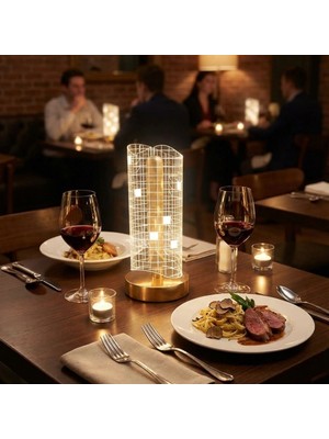 MERİVİA Dalgalı Silindirik Kristal Kareli Model LED Masa Lambası - Gold Tabanlı, Dokunmatik, 3 Renk Işık Modlu, Şarjlı Modern Dekoratif Gece Lambası (5405)