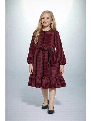 Kız Çocuk Elbise Kışlık Çizgili Fiyonklu Yaka Detaylı Uzun Kollu Fırfırlı Kışlık Elbise