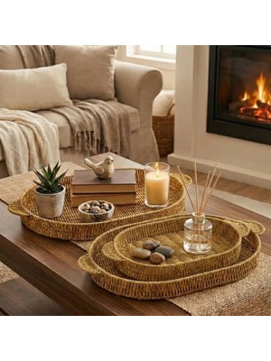 MERİVİA Iç Içe Geçebilen 3 Lü Oval plastik Rattan Tepsi Seti-Hasır Görünümlü Çok Amaçlı Servis ve Sunum Tepsileri (5405)