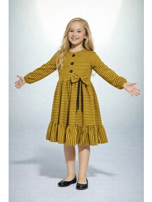 Kız Çocuk Elbise Kışlık Çizgili Fiyonklu Yaka Detaylı Uzun Kollu Fırfırlı Kışlık Elbise