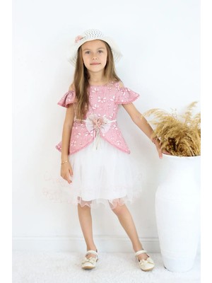 FESSHERA 🎀 Kız Çocuk Özel Gün Elbisesi Şapka ve Kemer Takımı - Çiçek Desenli, Tüllü ve Şapkalı Tasarım 🎀
