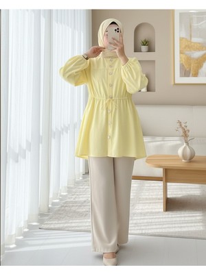 Modamorfo Taşlı Düğmeli Kolu Lastikli Bağlama Detaylı Gömlek -Sarı