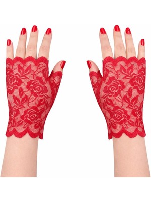 Hobilinka Kırmızı Dantel Parmaksız Kısa Eldiven