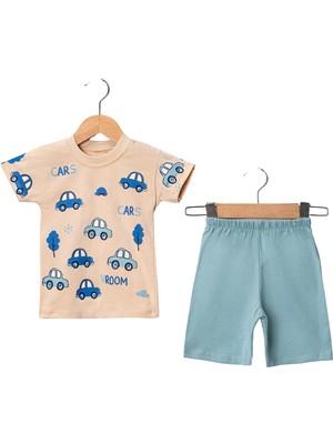 Giddy Kids Araba Desenli Kısa Kollu Üst Şortlu Erkek Bebek Takım 2'li Set (6-24 Ay)