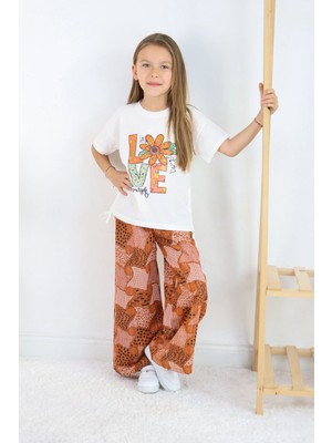 FESSHERA 🌸 Kız Çocuk ‘’love Yourself’’ Baskılı Tişört ve Geometrik Etnik Desenli Geniş Paça Pantolon Takımı