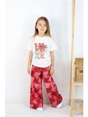 FESSHERA 🌸 Kız Çocuk ‘’love Yourself’’ Baskılı Tişört ve Geometrik Etnik Desenli Geniş Paça Pantolon Takımı