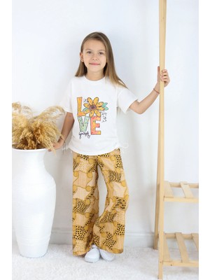 FESSHERA 🌸 Kız Çocuk ‘’love Yourself’’ Baskılı Tişört ve Geometrik Etnik Desenli Geniş Paça Pantolon Takımı