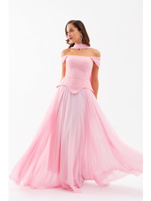 Lafaba Kadın Pudra Dar Kalıp Şal Yaka Straplez Söz Nişan Abiye Elbise