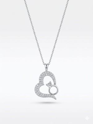 Swarovski Kalp Içinde Tektaş Yüzük Figürlü Zirkon Taşlı Gümüş Renk Kadın Kolye – Sevgiliye Özel Hediye