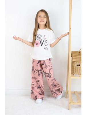 FESSHERA 🌸 Kız Çocuk ''love #life'' Baskılı Tişört & Çizgili Desenli Bol Pantolon Takımı 🌸