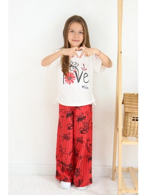 FESSHERA 🌸 Kız Çocuk ''love #life'' Baskılı Tişört & Çizgili Desenli Bol Pantolon Takımı 🌸
