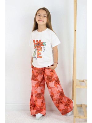 FESSHERA 🌸 Kız Çocuk ‘’love Yourself’’ Baskılı Tişört ve Geometrik Etnik Desenli Geniş Paça Pantolon Takımı