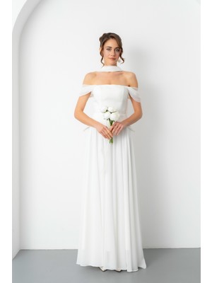 Lafaba Kadın Beyaz Dar Kalıp Şal Yaka Straplez Söz Nişan Abiye Elbise