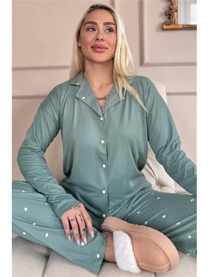 Pijama Evi Yeşil Heart Desenli Bambu Önden Düğmeli Uzun Kol Kadın Pijama Takımı